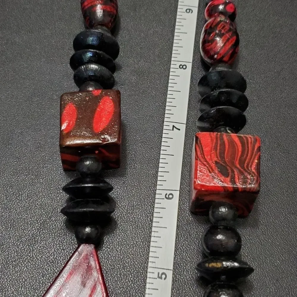 Red and black painted wood bead necklace 28